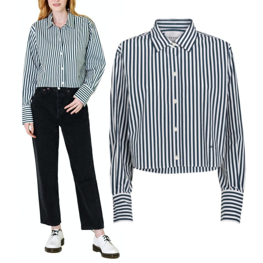 Frame Denim Navy and White Vertical Stripe Button-Down Shirt